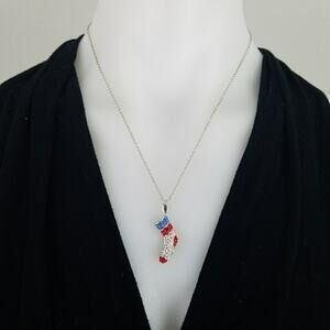 NEW Crystal Stocking White Gold Plated Christmas Holiday Necklace